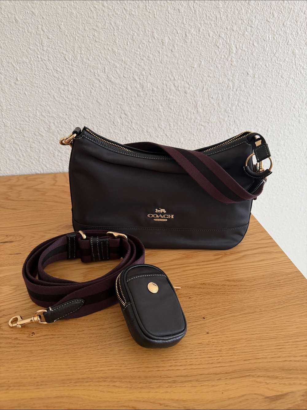 Coach Black Leather Crossbody with Striped Removable Strap